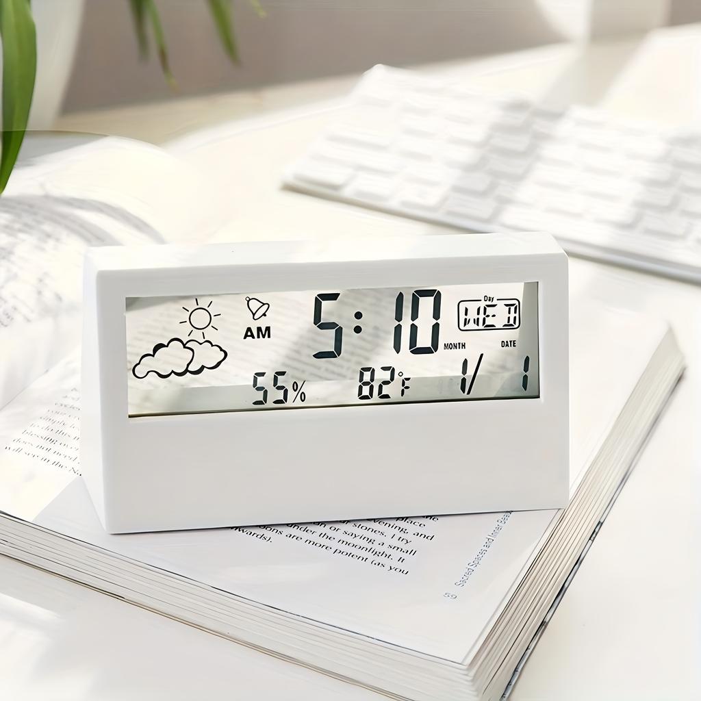 Silent LED Digital Clock with Weather, Temperature & Humidity Display - Battery-Powered Desk Alarm Clock for Home or Office