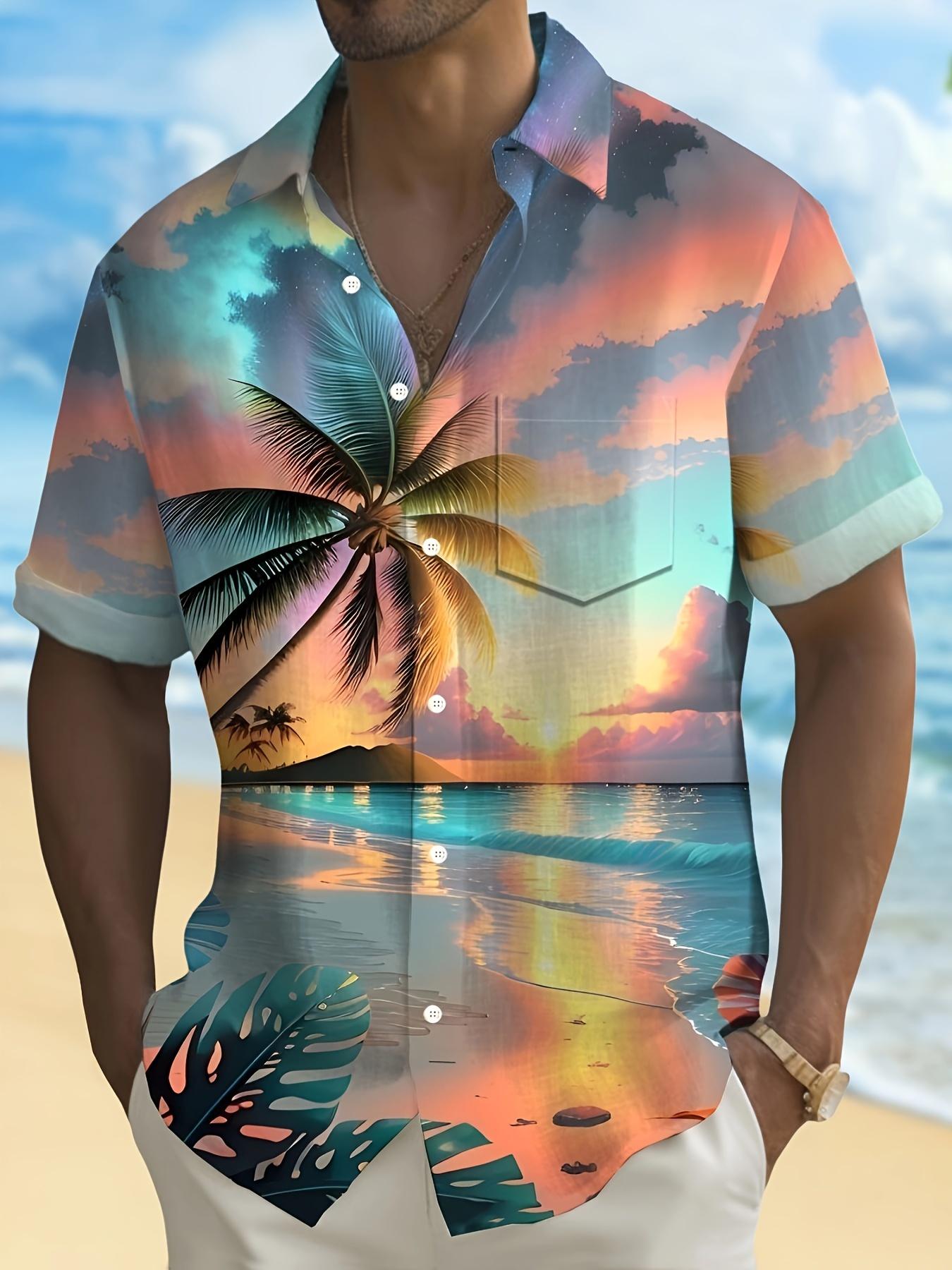 

Hawaii Sunset Scenery Coconut Beach Print Men s Button Pocket Short Sleeve Shirt XL