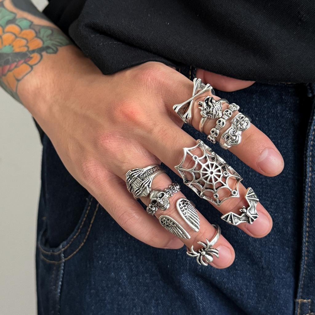Punk Style Spider Web Ring Men's High-end Fashion Personality Skull Ring Set Dark Ring