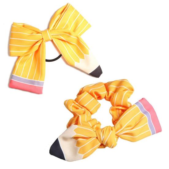 Women Hair Rope Yellow Striped Pencil Bowknot Decor Hair Tie
