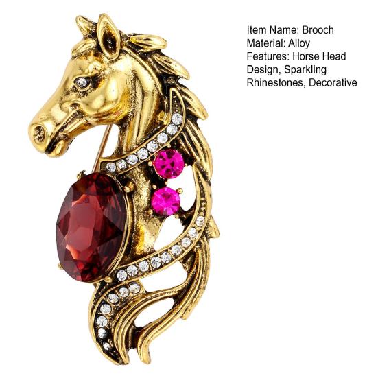 1/2Pcs Brooch Metal Horse Head Design Pin with Sparkling Rhinestones Oval Colored Faux Crystals Fastening Badge Jackets Scarves Bags Accessories
