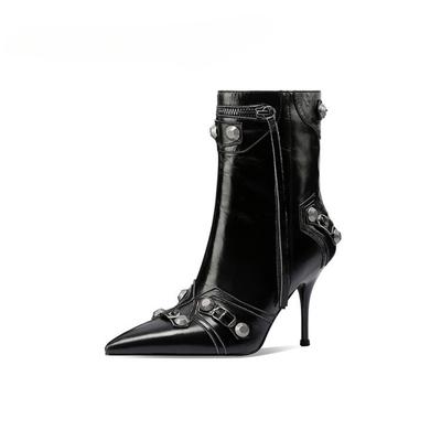 Women's Autumn and Winter New Fashion Trim Leather Pointed High Heels Party Shoes Punk Style Leather Riveted Motorcycle Boots