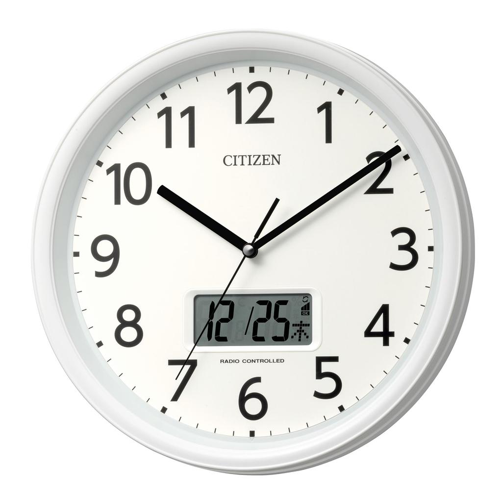 RHYTHM Citizen Wall Clock Radio Clock Analog Temperature Humidity Calendar LCD Quiet Continuous Second Hand White CITIZEN (Digital Display) 30x5.1cm