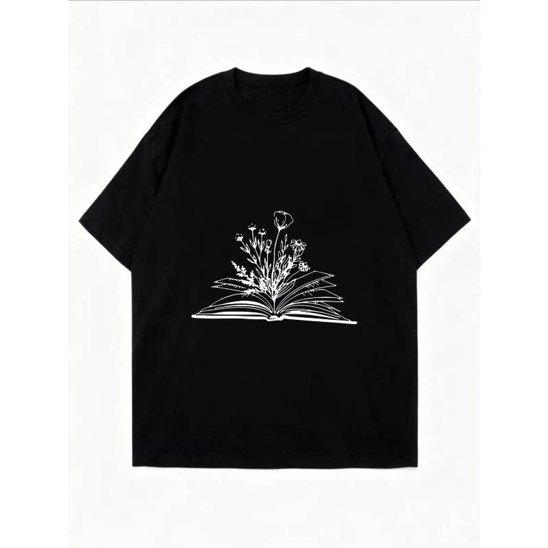 White Oversized T-Shirt With Book And Flowers Print For Casual Wear