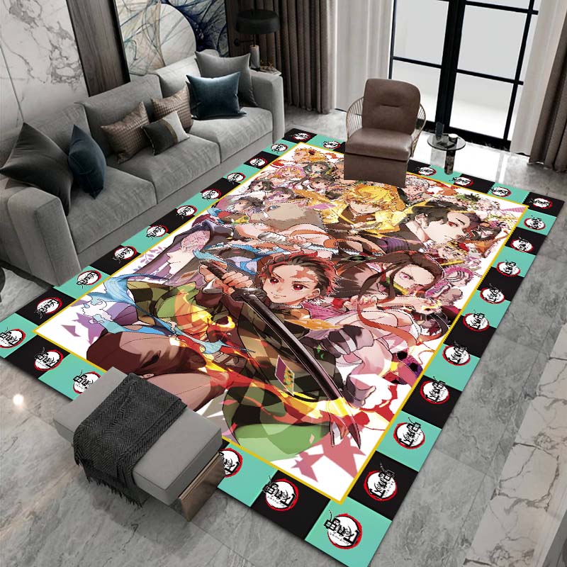 Cute cartoon Kimetsu no Yaiba rug, suitable for playrooms, bedrooms, living rooms, sofas, and other home décor; non-slip rug for