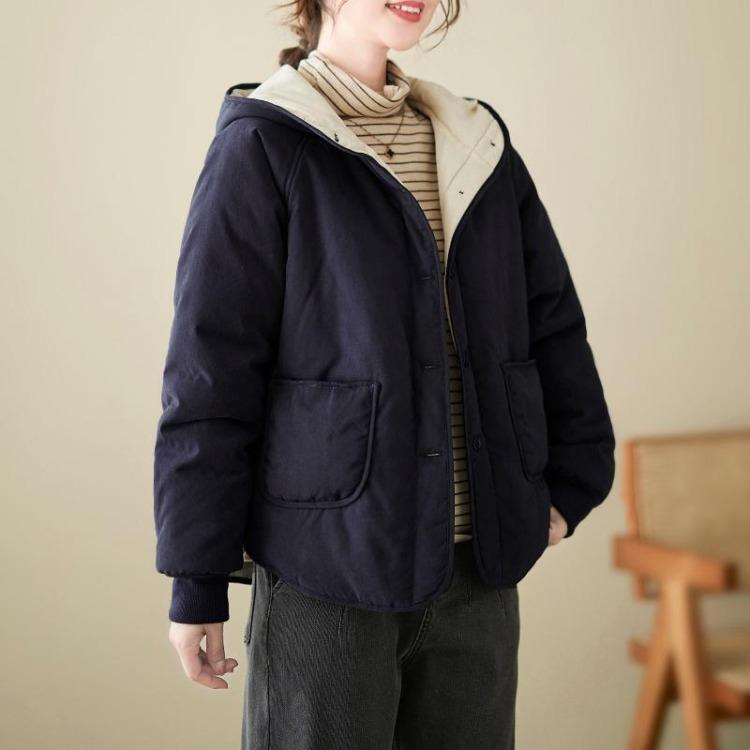 Hooded Windbreaker Jacket Autumn Winter Women Loose Casual Thickened Solid Color Cotton Velvet Coat