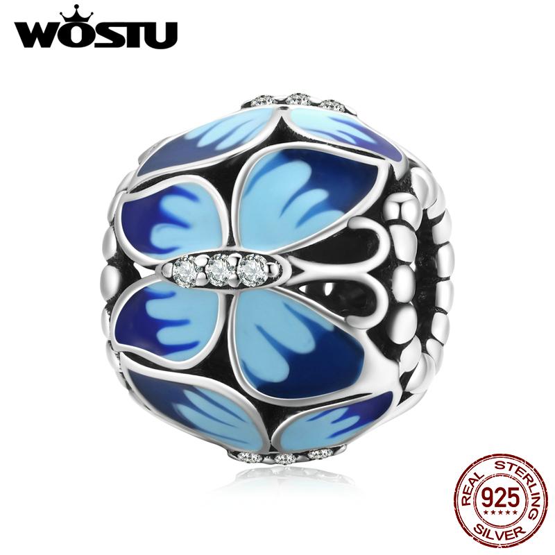 

WOSTU нежные цирконовые синие бабочки с узором из стерлингового серебра 925 пробы, бусины подходят для браслета, ювелирные украшения 925 silver