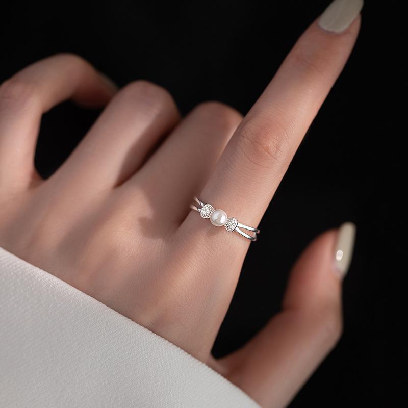 Pearl Bow Ring Literary Girl Simple Gift Double-Layer Small Broken Diamond Zircon Gold-Plated Ring Opening