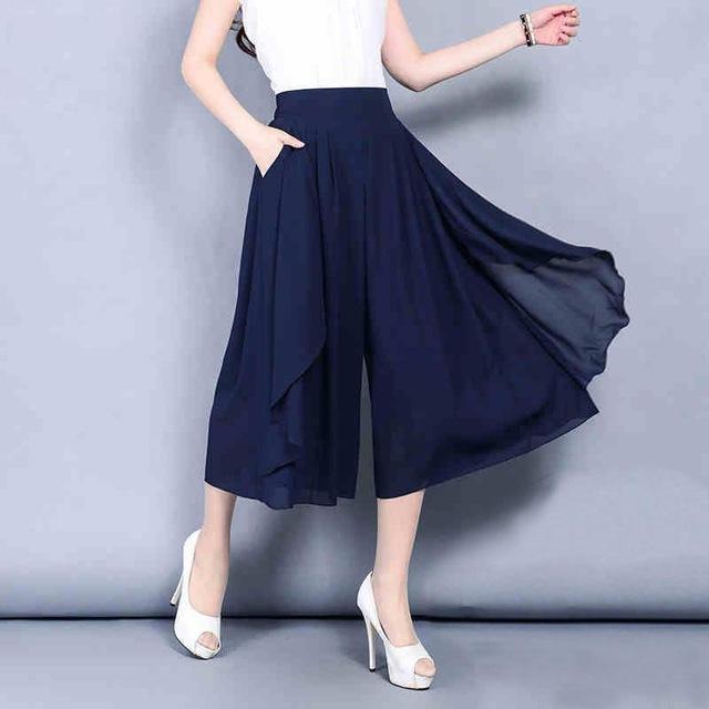

Elastic High Waist Slim Elegant Chiffon Capris female pants Skirts Women Summer Wide Leg Medium Long Leisure Loose Trousers 4XL синій
