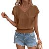 Women's Fashion V-neck Solid Color Hollow Short Sleeve Top T-shirt Summer