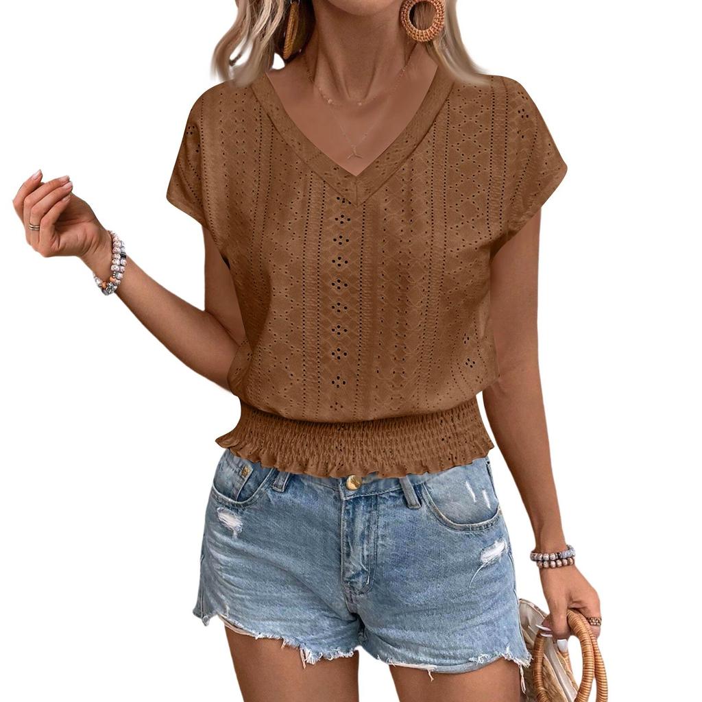 Women's Fashion V-neck Solid Color Hollow Short Sleeve Top T-shirt Summer
