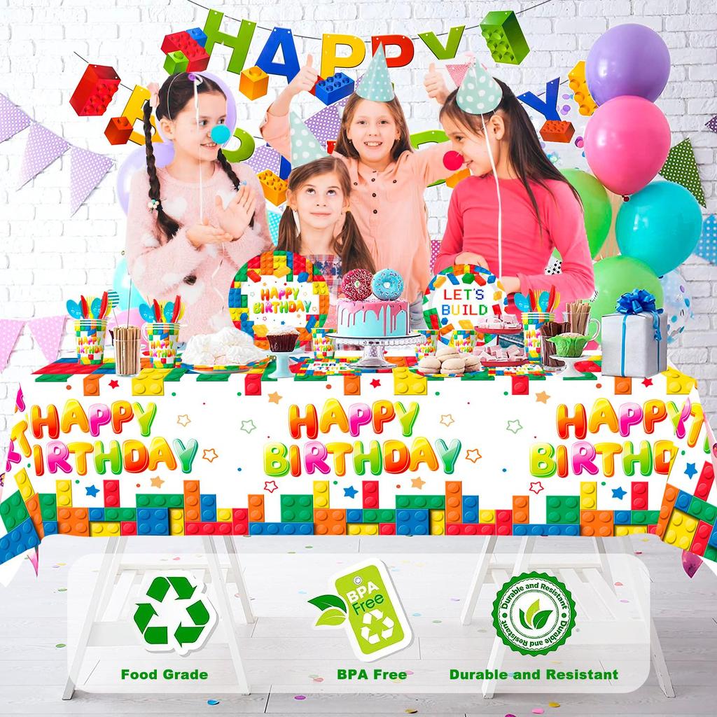 133 ks Stavebnicové kostky Potřeby na narozeninovou oslavu - Stavebnicové kostky Sada stolního nádobí na oslavu - Stavebnicové kostky Oslavné talíře Ubrousky Ubrus Banner atd.