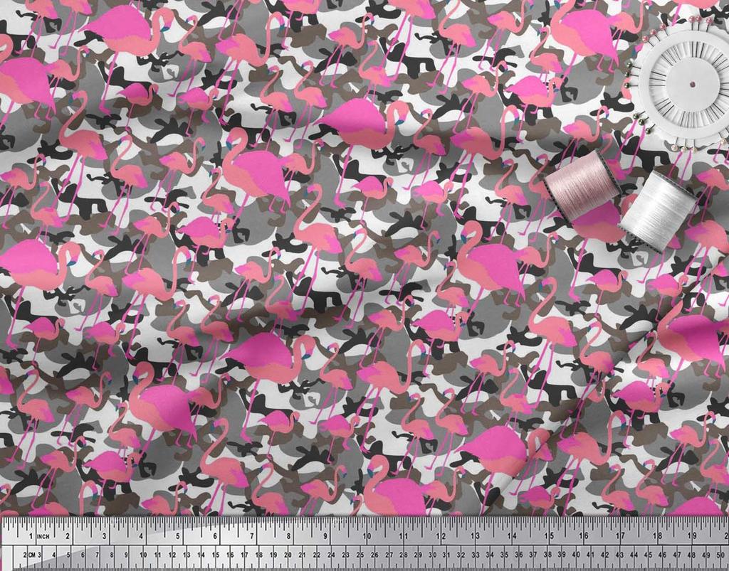 Soimoi Japan Crepe Satin Fabric Camouflage Texture & Flamingo Bird Printed Craft Fabric by the Metre 42 Inch