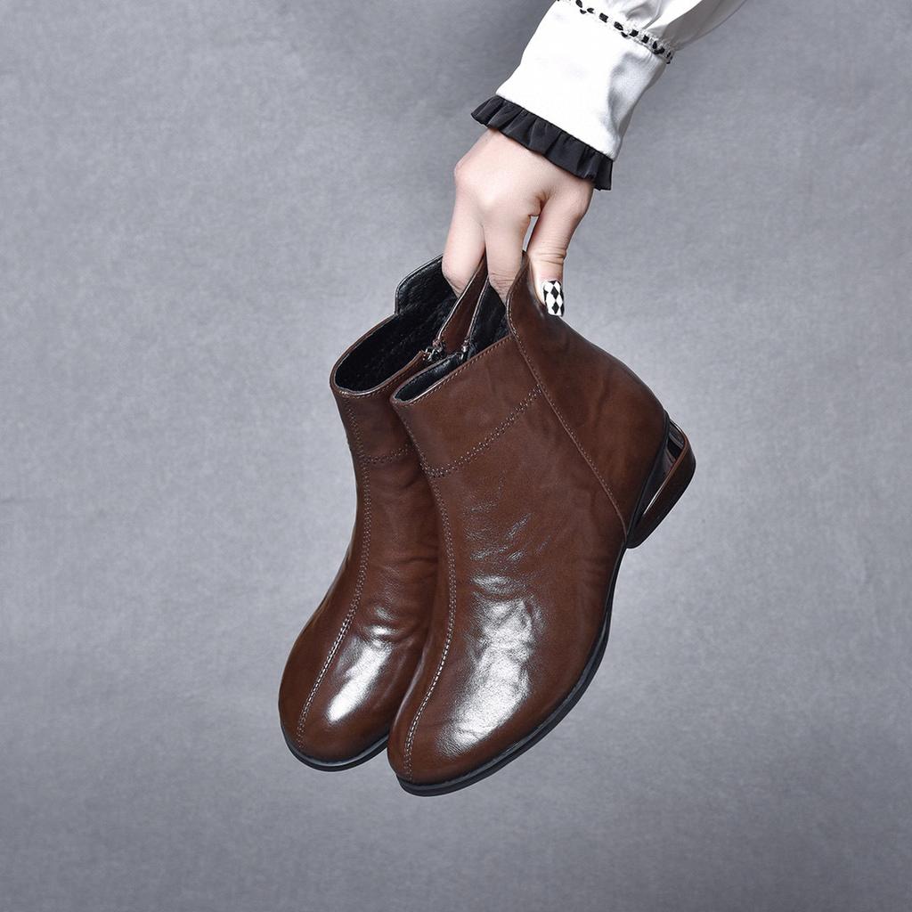 Round Head Short Boots Women's 2025 Autumn and Winter New Mango Head Low Heel Casual Cotton Boots Comfortable Flat Boots Cowhide Women's Leather Boots