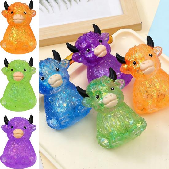 Glitzer-Hochlandrind Quetschspielzeug Langsam aufsteigend Klarer Rinder-Stressball Anti-Angst Weiche Tierform Haus-/Büro-Schreibtisch Fidget Toy