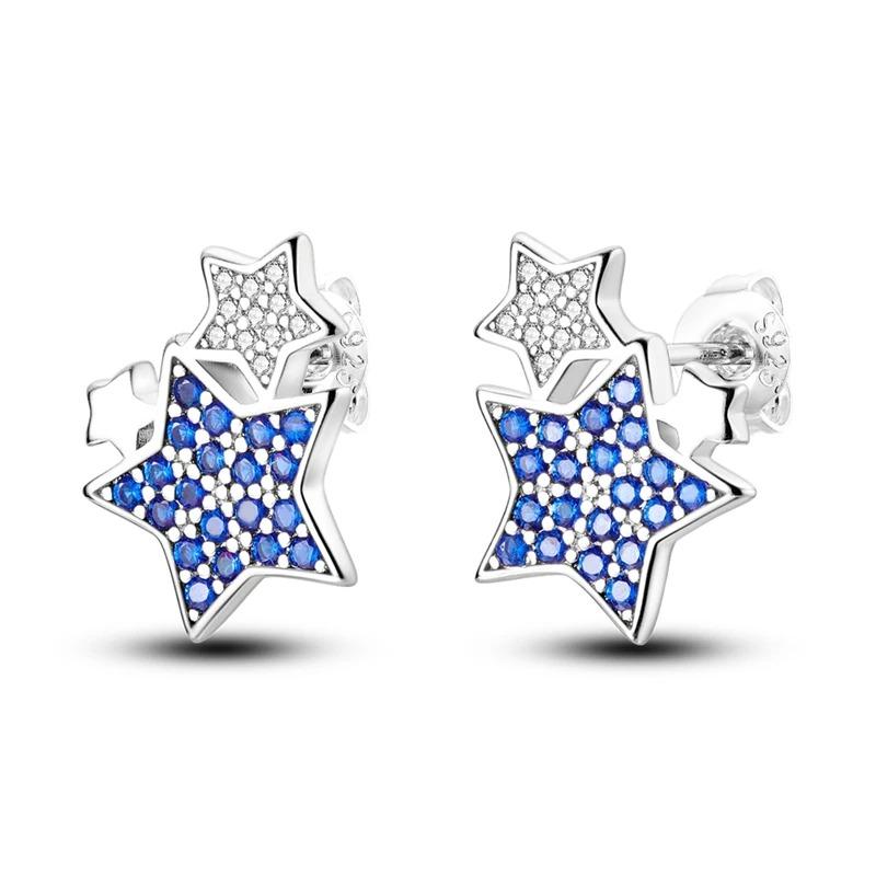 New 925 Sterling Silver Star Moon Earrings for Women Sparkling Zircon Ear Studs Luxury Romantic Fine Jewelry Gift for Girl