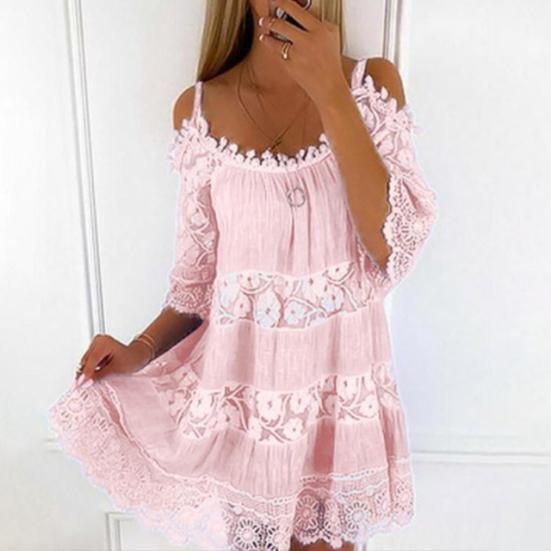 Lady Casual Summer Lace Half Sleeves Scoop Neck Short Dress