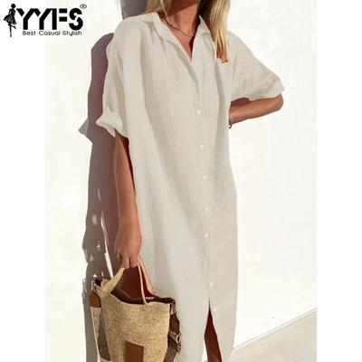 Damenmode Sommer Frühling Einfarbig Druck Kurzarm POLO Hals Lose Taille Casual Kleider