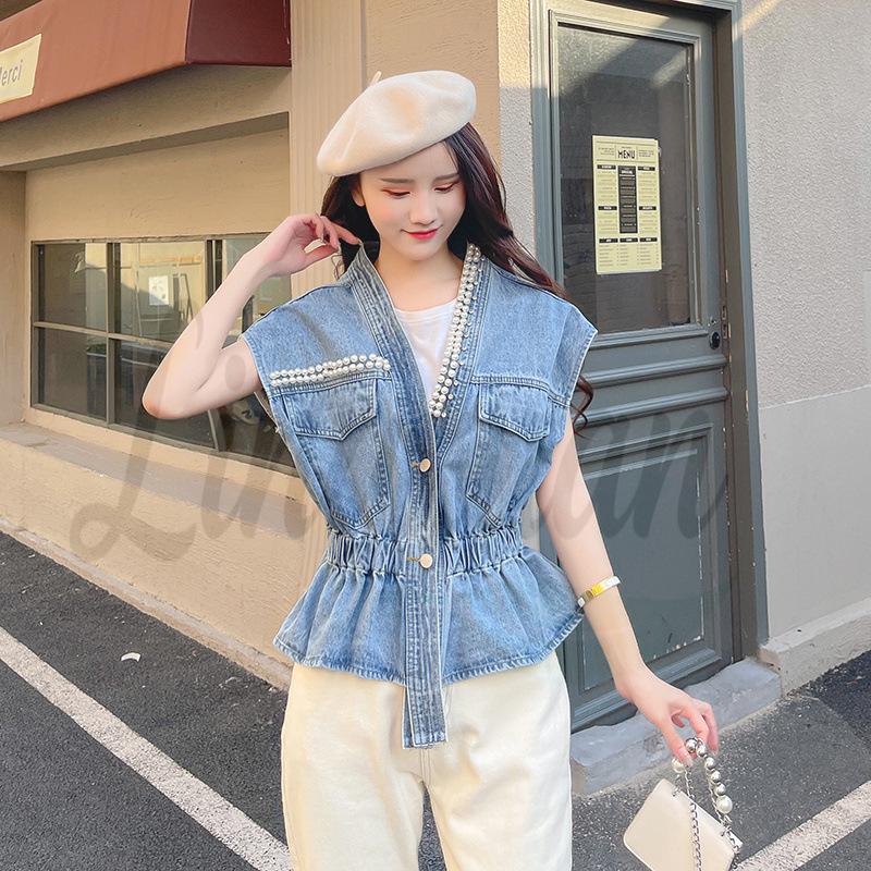Korean Style Beaded Denim Sleeveless Vest - Summer Slim & Loose Fit One Size синий