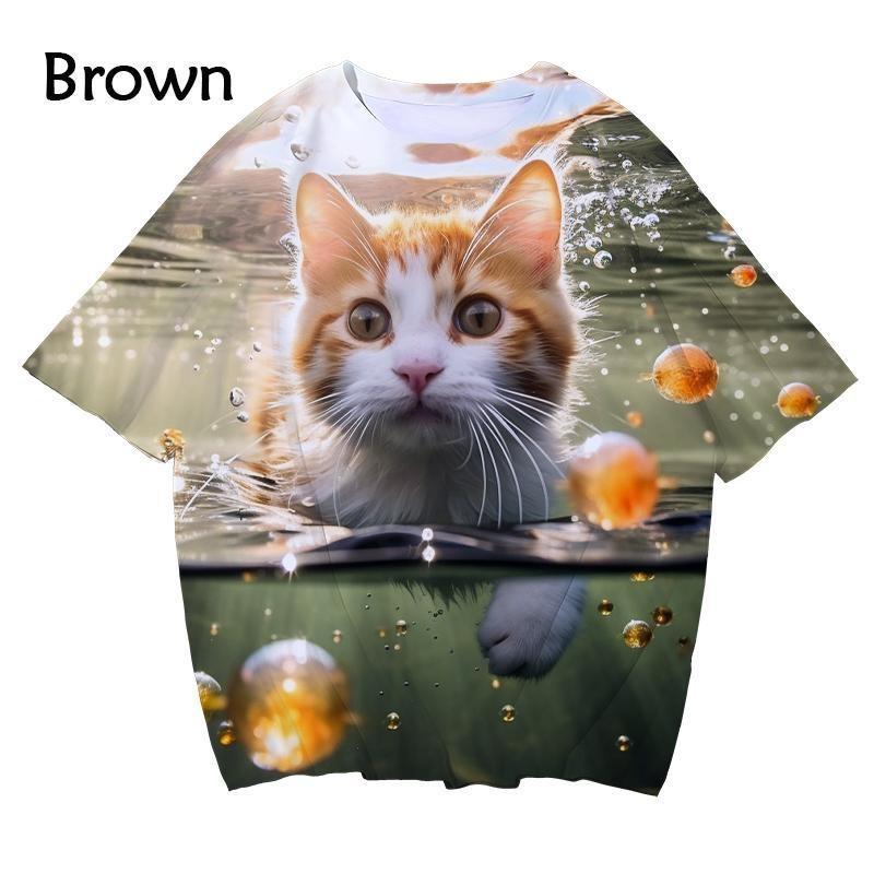 New 3D printed women's T-shirt with cute cat enthusiast pattern T-shirt casual round neck short sleeved large T-shirt top