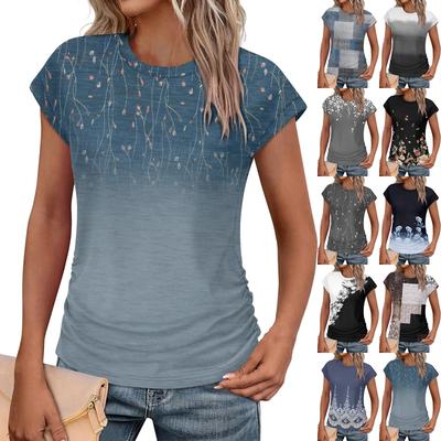 Damska Moda Casual Slim Wiązany w Pasie Rękaw Zakryty Okrągły Dekolt Vintage Nadrukowany T-Shirt Top