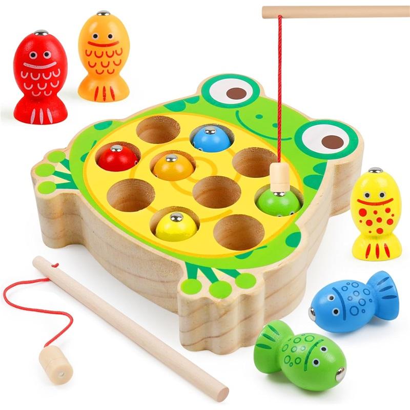 

Wooden Frog Magnetic Fishing Game, Montessori Color Matching Puzzle Toy, Toddler Fine Motor Skills Educational Learning Toy For Kids 3-9 Years Old
