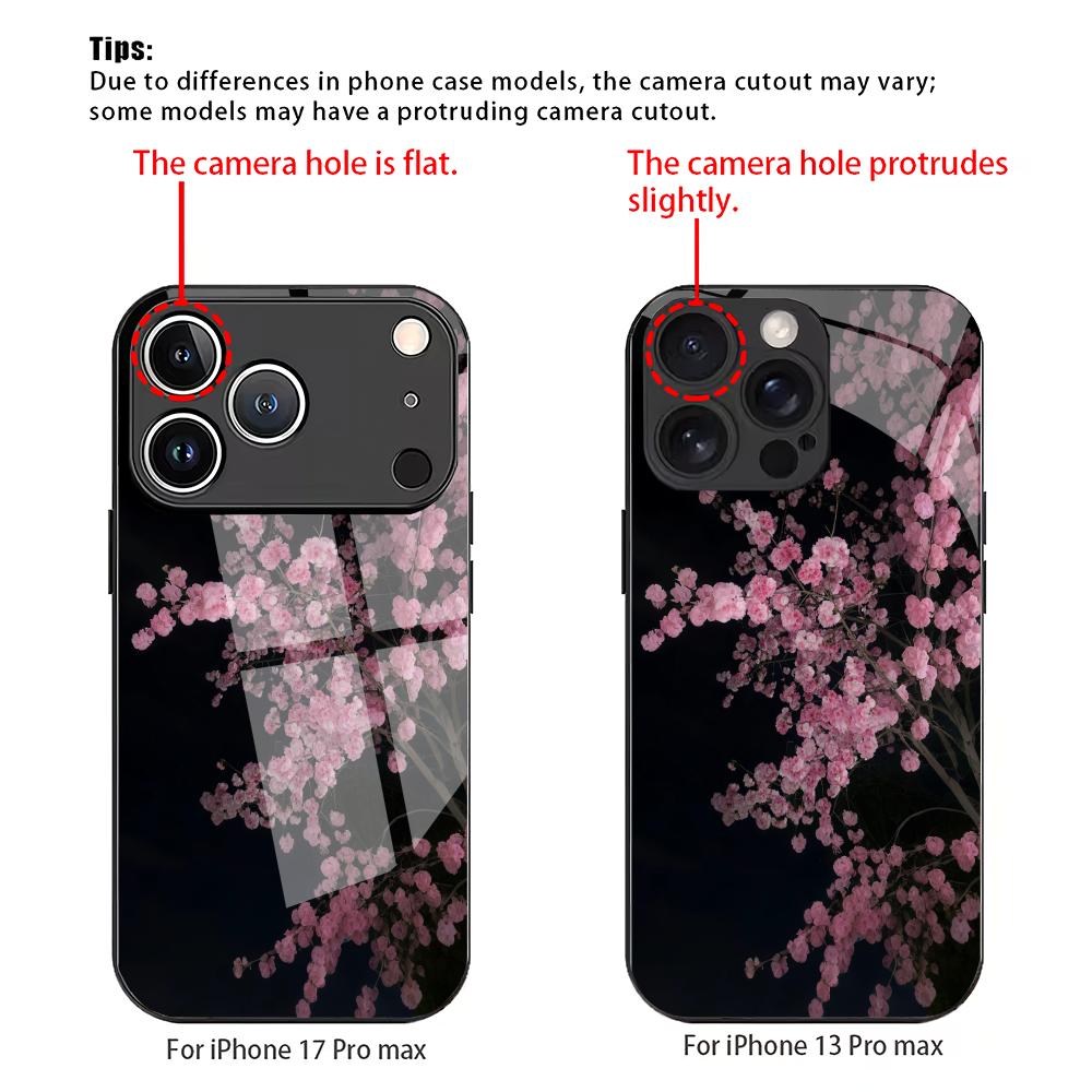 Cherry Blossom Tree Pattern Tempered Glass Phone Case Suitable for iPhone 17 16 15 14 13 12 11 Pro/Max/Plus Anti Drop Back Cover