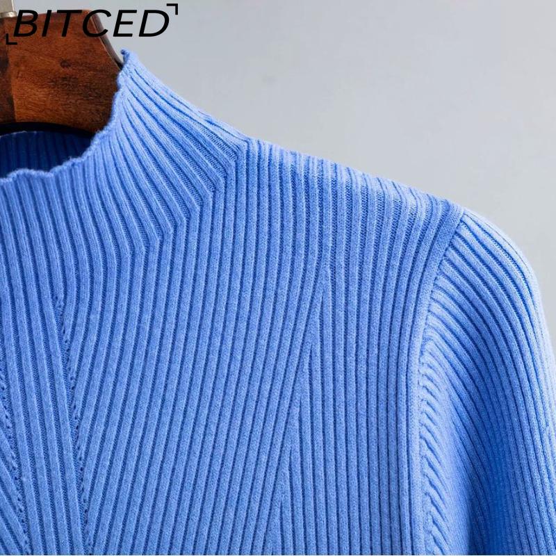 BITCED Women's Autumn Winter Plain Knitted Turtleneck Long Sleeve High Waist Sweater Dress
