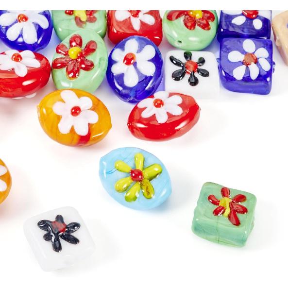 20 Stück Oval Quadratisch Blumenmuster Handgefertigt Lampwork Perlen Bunt Millefiori Lampwork Glasperlen Niedlich Floral Flach Oval Würfel Abstandsperlen für DIY