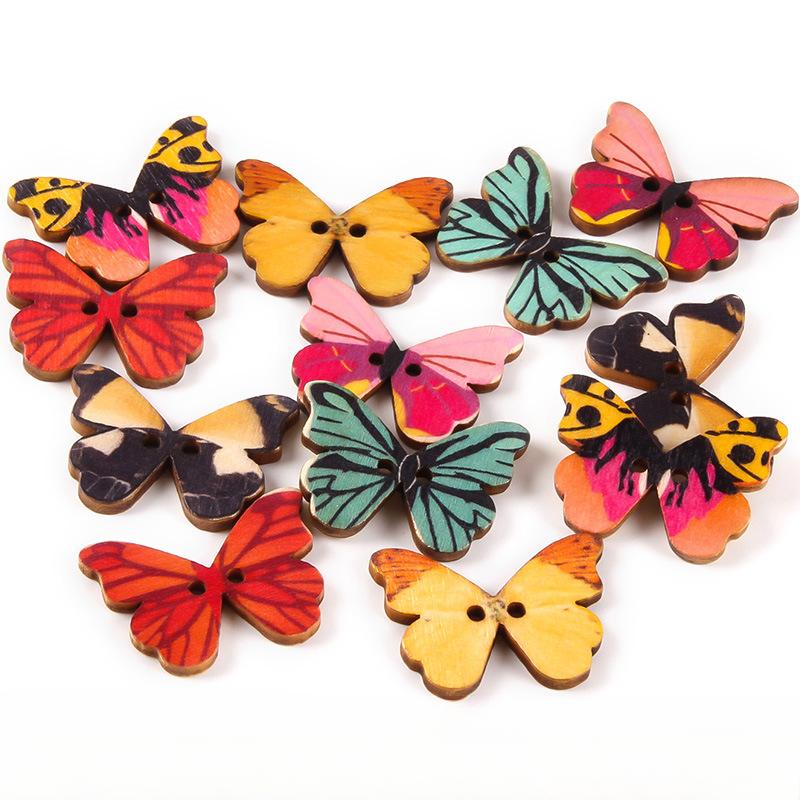 10pcs Rustic Handmade Wooden Buttons, Decorative Hand-Painted DIY Floral, Butterfly & Tree Designs for Crafts