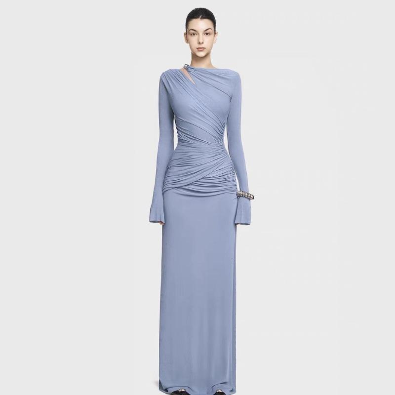 Herbst Neue Mode Temperament Langarm Elegant Falten Taille High-End Kleid