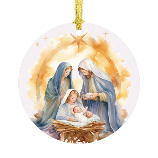 Nativity Night Ornament Round Acrylic Birth of Jesus Christ Hanging Decoration Religious Themed Christmas Keepsake for Winter Xmas Tree Decor
