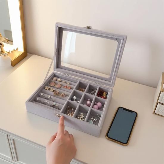 Jewelry Storage Box, with Transparent Flip Cover, Velvet Lining Dustproof Jewelry Organizer, Display Case for Travel And Home