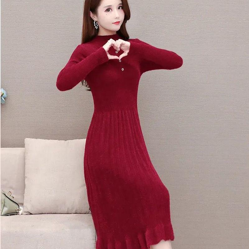 

Жіночий пуловер з імітацією норки, довгий, осінь-зима 2023, жіночий пуловер з довгим рукавом до коліна One Size червоний