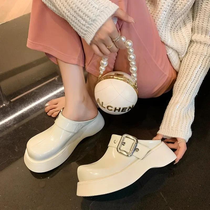 Platform Slipper Women Shoes 2024 New Wear Muller-Boken Bun Head Half Drag French Head Flip-flops Slides Women  Zapatos De Mujer