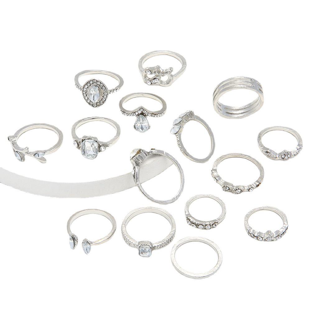 Open Teardrop and Hollow Diamond Heart Ring Set, 15-Piece Jewelry Collection