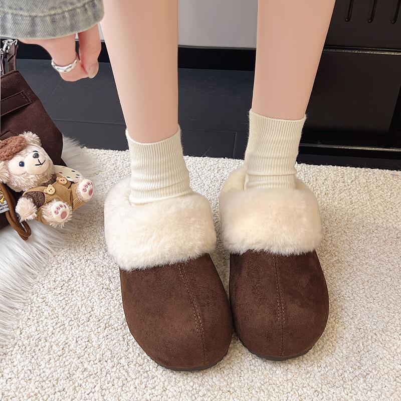 Women's Inside Heightening Low Heel Baotou Half-Drag Winter New Round Toe Scrub Fleece Warm Slippers