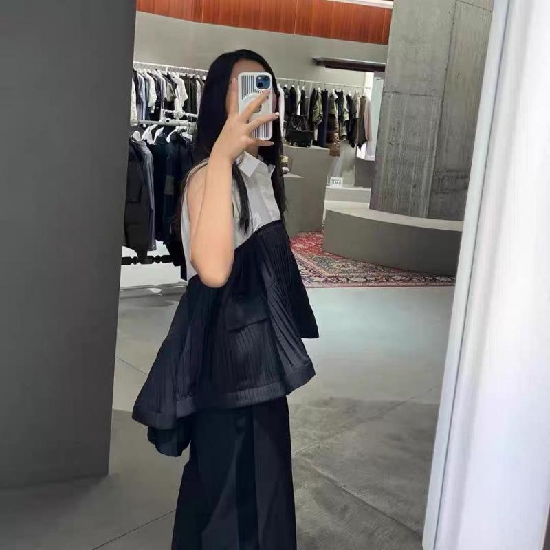 FOG SACAI 2025 Spring/Summer Women's Japanese Style Sleeveless Patchwork Denim Lapel Collar Top