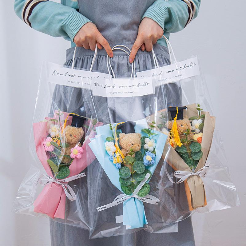 Dr.Bear Graduation Crochet Flower Bouquet Artificial Sunflower Hand Knitted Bouquets with Gift Bag Students Graduation Gift