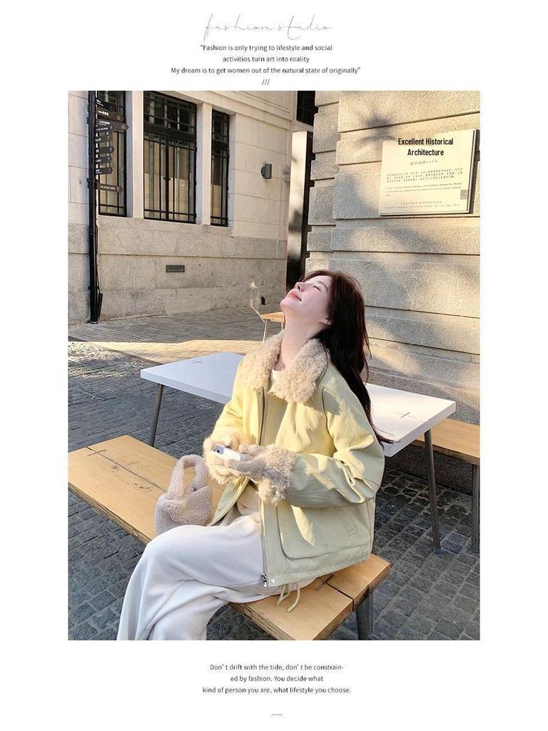 Beige Patchwork Lambswool Lapel Parka with Rabbit Fur - Women's New Winter 2025 Casual Jacket