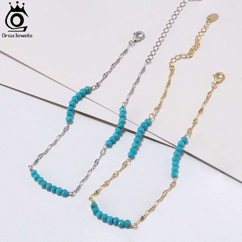 ORSA JEWELS Fashion 3mm Turquoise Gemstone Beads 925 Sterling Silver Butterfly Chain Anklet for Women Summer Beach Jewelry SA85
