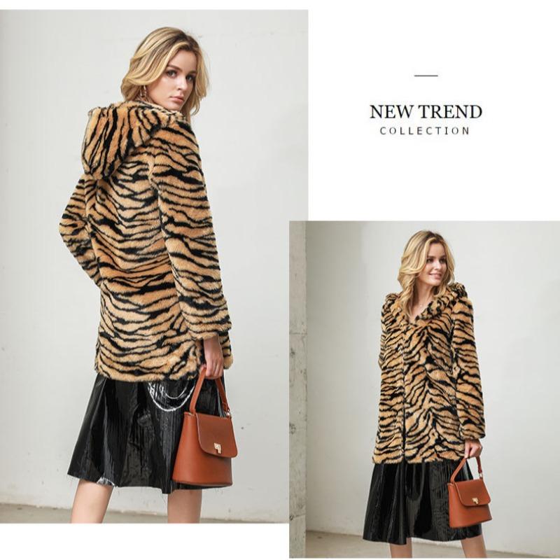 Winter Super Thick Hooded Tiger Pattern Coat, Hairy Medium and Long Women's Imitation Fur Jacket, Light Luxury Flocking