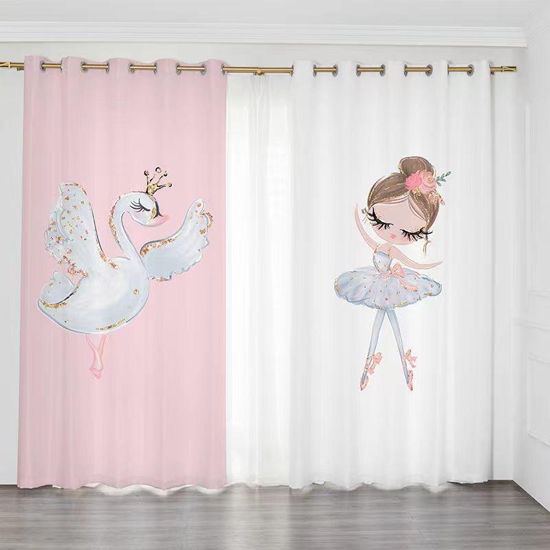Kreskówkowy Balet Słodki Jednorożec Łabędź Różowy Księżniczka Dziewczynka Zasłony Okienne do Pokoju Dziecięcego Salonu Kuchni Drzwi Dekoracja Domu 2 Sztuki
