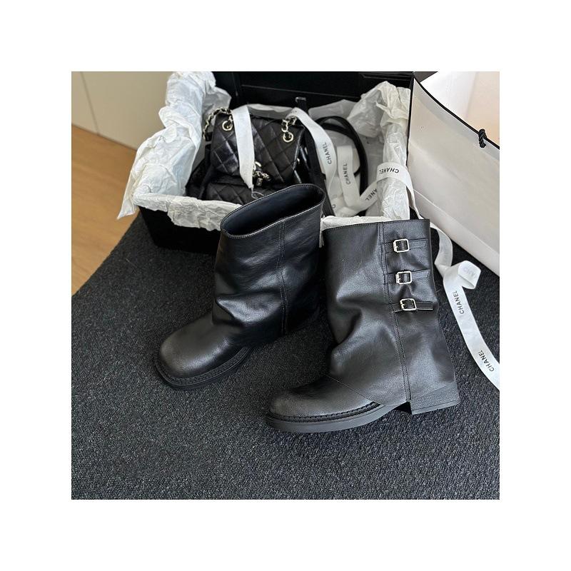 Cowhide version thick-soled Martin boots women's retro western cowboy boots metal buckle thick heel medium tube pants tube boots square head 