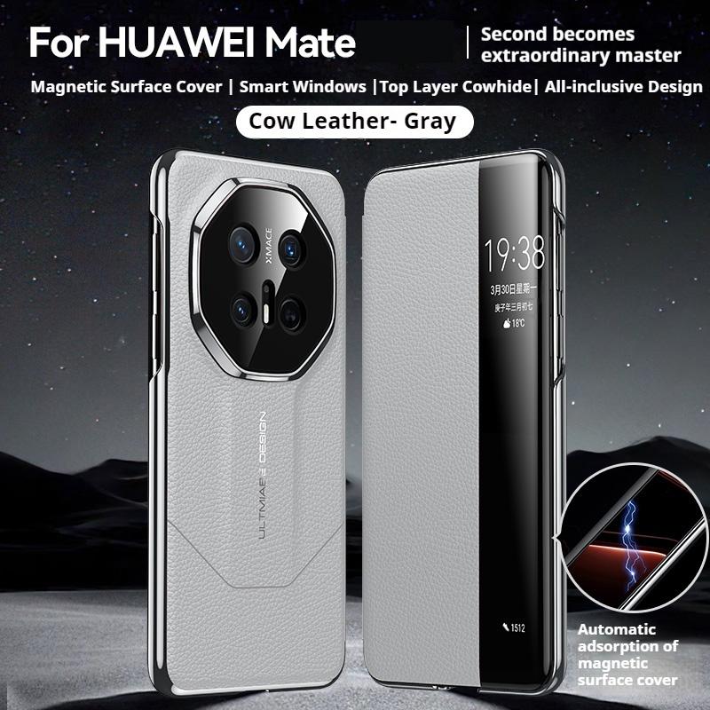 Genuine Leather Flip Cover Case For HUAWEI Mate 70 Pro RS Mate 60 Smart View Wake Sleep Call ID Display