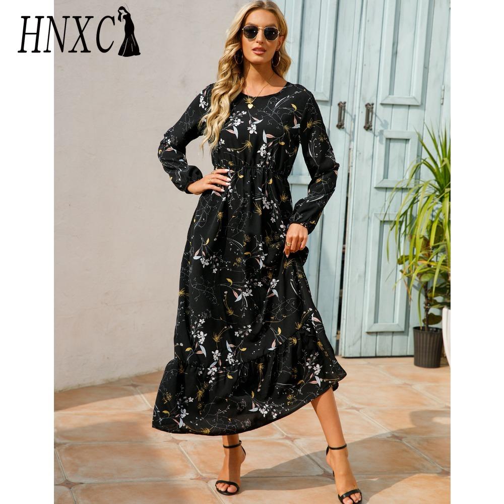 HNXC Spring Summer Bohemian Women Maxi Dress Casual Long Sleeve High Waist Beach Dress Women Floral Chiffon Dresses Vestidoes Mujer New