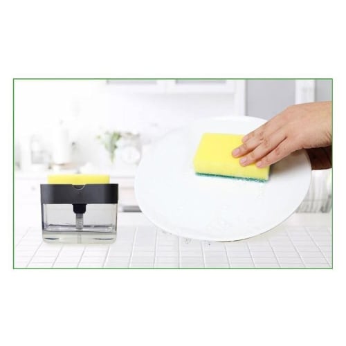 Plus Nao Sponge Holder, Soap Dispenser, Sponge Rack, Detergent Rack, Dishwashing Detergent, Kitchen, One-Push Dispenser - Light Gray