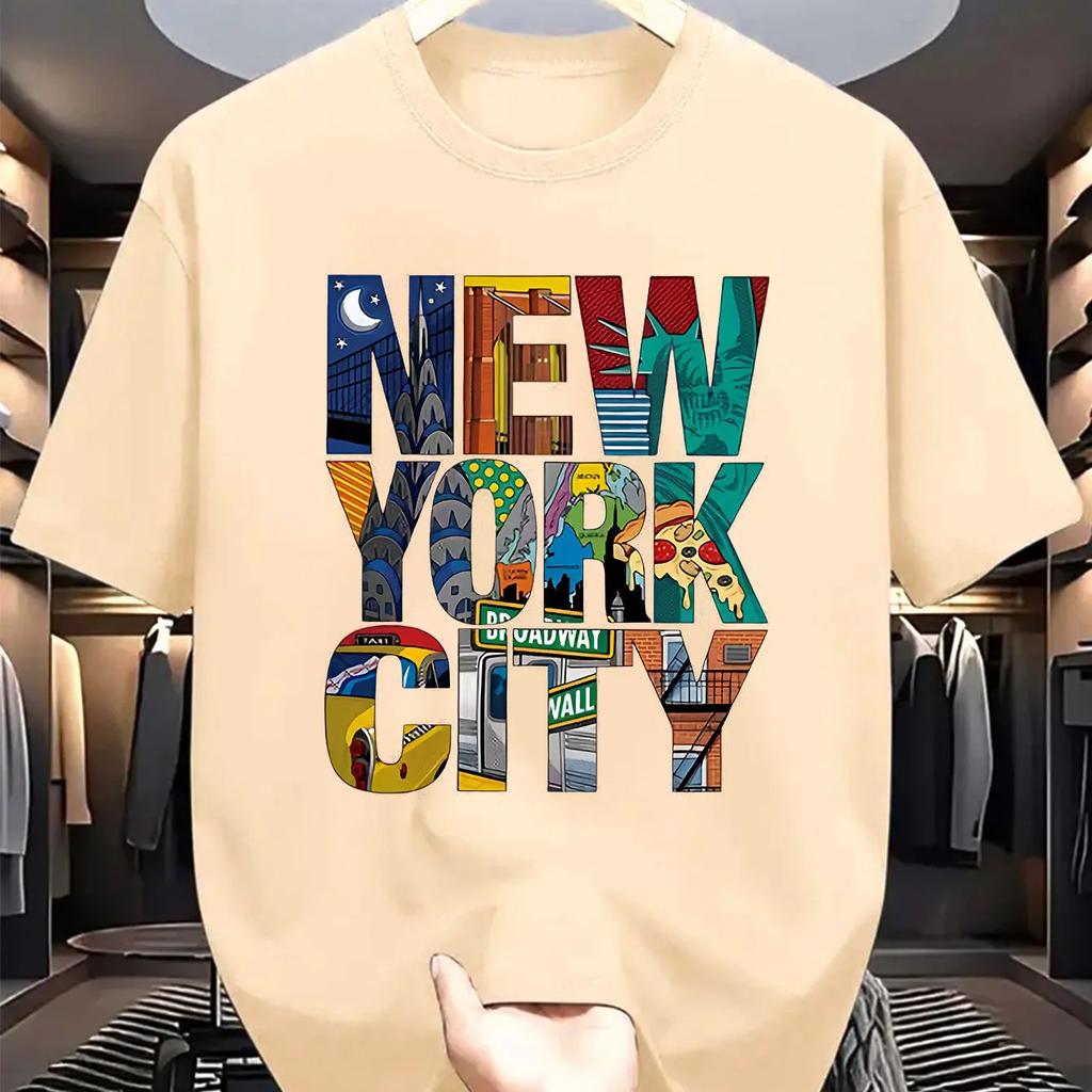 2025 Summer Men's 100% Pure Cotton New York City English Printed Round-neck Short-sleeved T-shirt Top