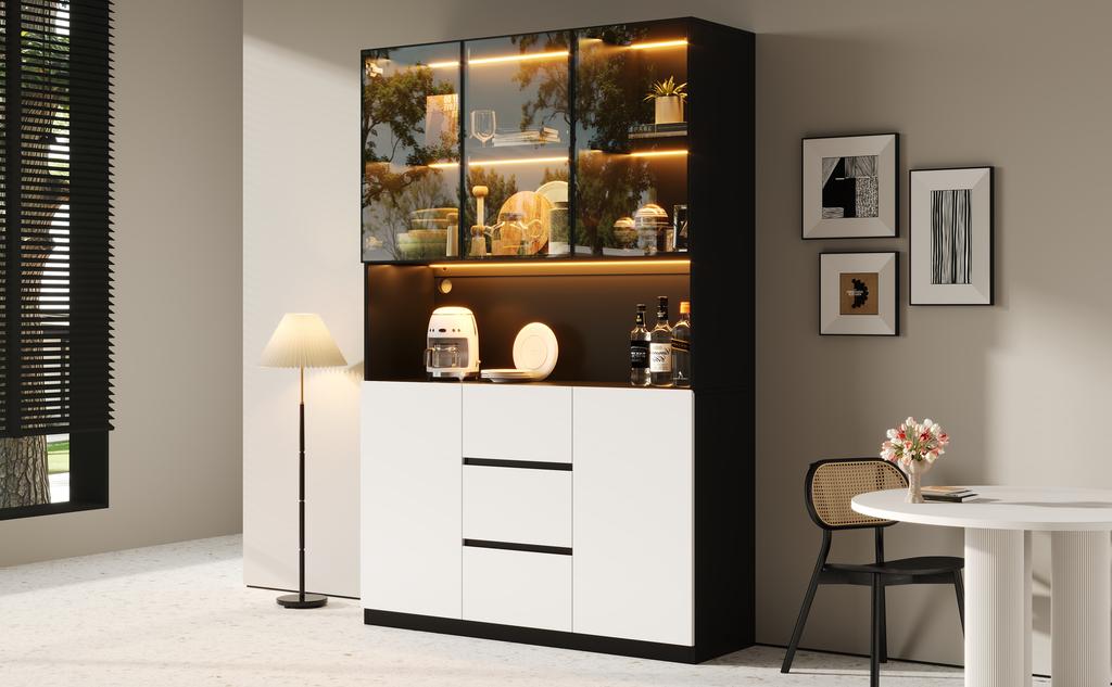 LED-beleuchteter Glasvitrinenschrank 120×40×200 cm – Gehärtetes Glas mit Regalen, Drei Schubladen und Zwei Türen, Vielseitig für Wohn- und Esszimmer.