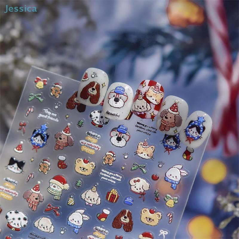 Christmas Style Animal Bear Puppy Print Bow Snowflake Snowman Christmas Tree Nail Art Stickers